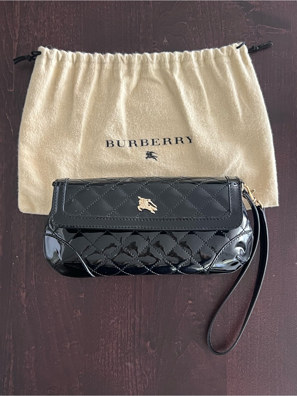 Burberry Black Quilted Patent Leather Wristlet with Gold Horse Emblem